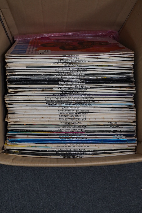 Sixty-eight LP record albums, mostly Motown related, artists including; Four Tops, Mary Wells, The Supremes, Stevie Wonder, Marvin Gaye, The Temptations, Mary Johnson, Gladys Knight and the Pips, etc. Condition - fair.